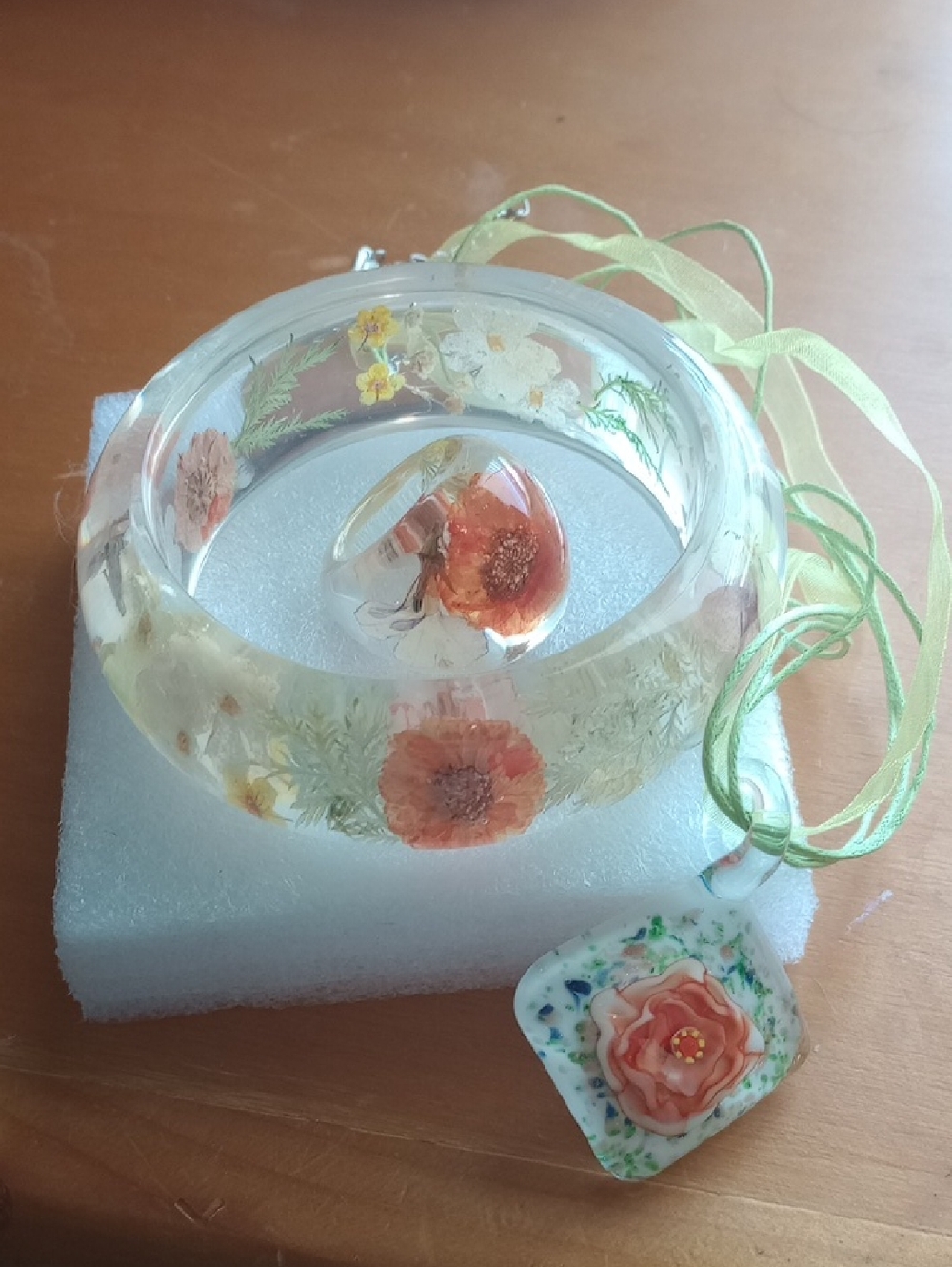 Set Of Resin Floral Bangle, Ring, Pendant
